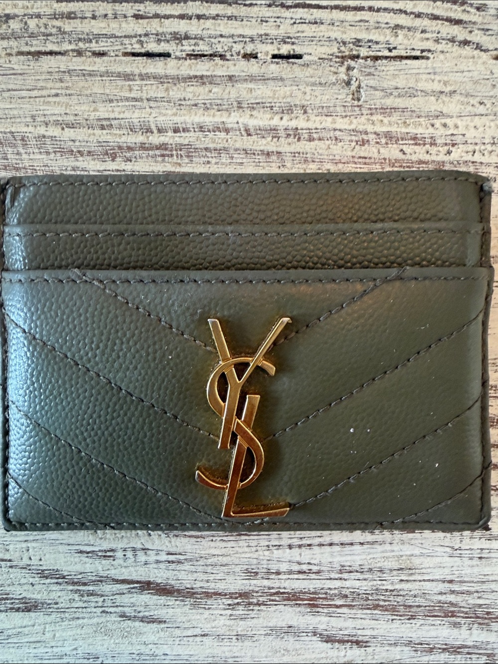 Saint Laurent Olive Quilted Leather Card Case with Gold YSL Emblem